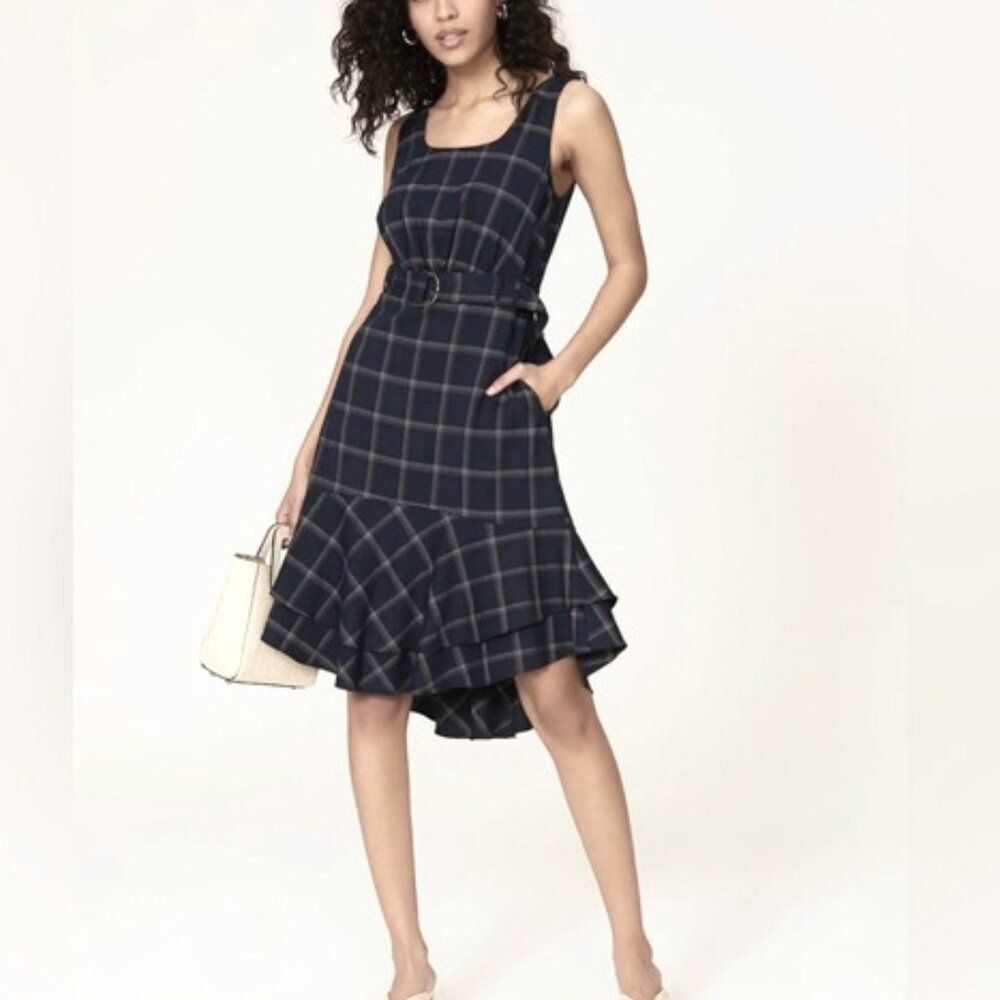 Great Jones Navy Plaid sleeveless flounce hem belted Dress Small